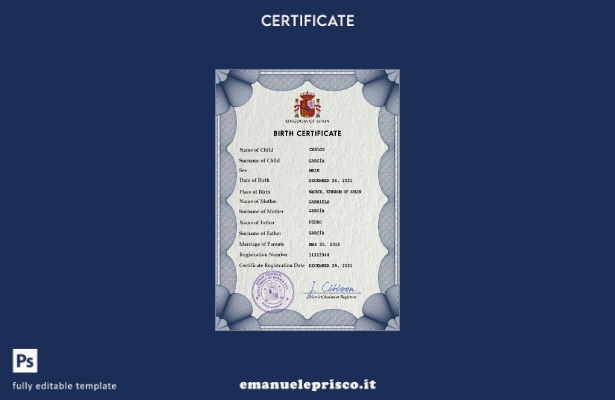 modello PSD del certificato di nascita dello stato di stato di Spagna in stile v